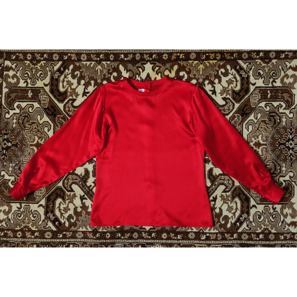 Vintage 80s Red Silk Satin Long Sleeve Top sz 6 - Picture 3 of 5